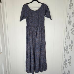 Natural Life Daisy Tiered Maxi Dress Woodcut Floral Blue Smocked Size L/XL